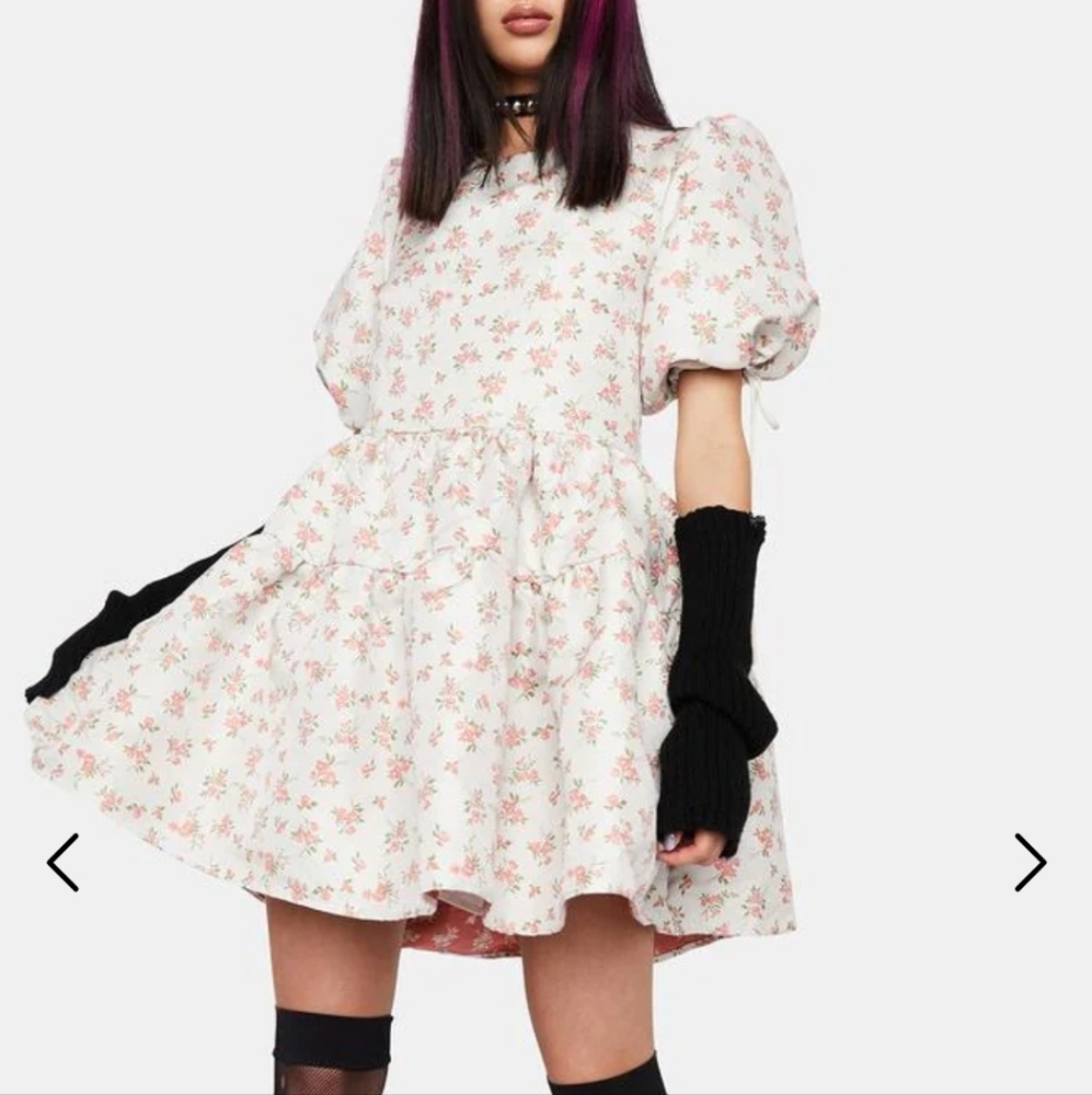 Dream Sister Jane Jaquard Puff Sleeve Babydoll Mini Dress, Small - Picture 1 of 8